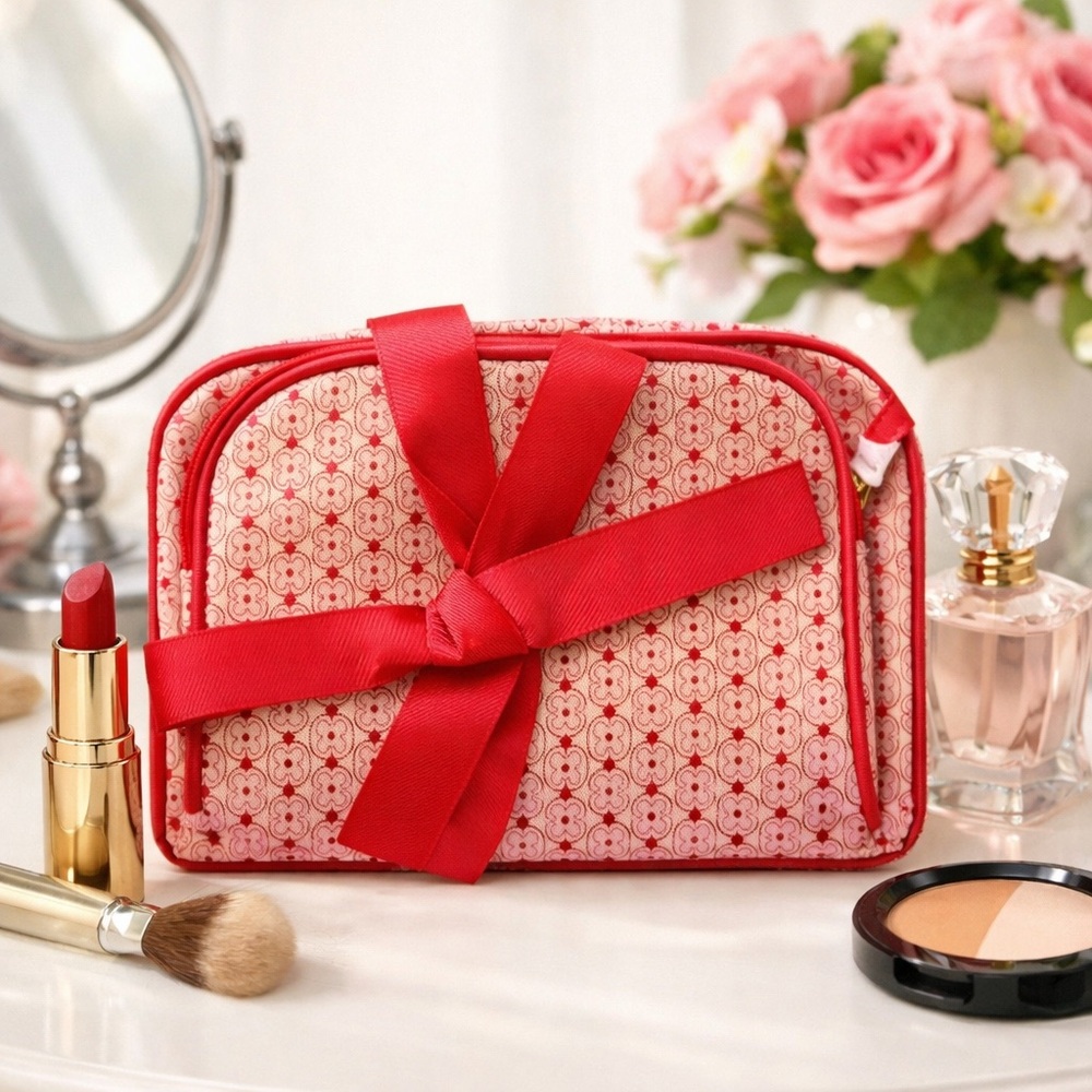 EMMA FOX 2-Piece Cosmetic & Toiletry Bag Set Cherry Red & Cream NWOT Bow-and-Go - Picture 8 of 12